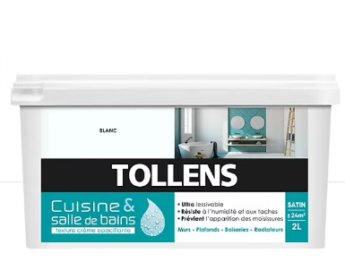 Peinture murs et plafonds Cuisine et bains satin blanc Tollens 2 L