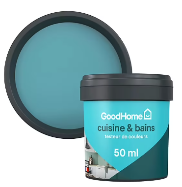 Peinture cuisine et salle de bains GoodHome bleu Nice satin 50ml
