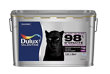 Peinture murs plafonds et boiseries Dulux Valentine 98% monocouche velours blanc 2,5L