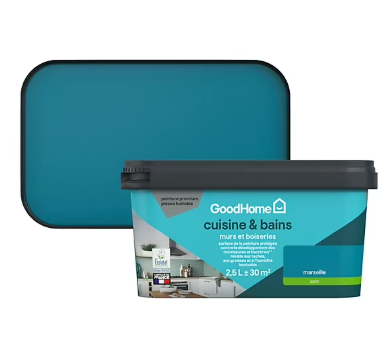 Peinture cuisine et salle de bains GoodHome bleu Marseille satin 2,5L