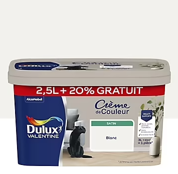Peinture Crème De Couleur Dulux Valentine satin blanc 2,5L + 20% gratuit