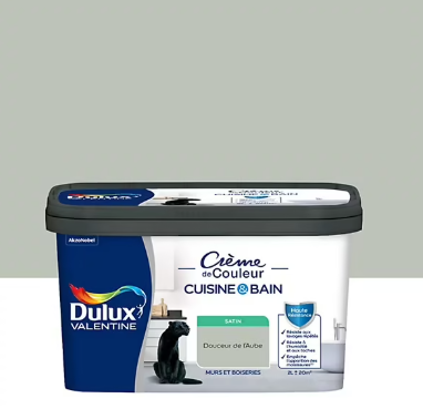 Peinture haute résistance Crème de couleur cuisine et bain Dulux Valentine vert douceur de l'aube satin 2L