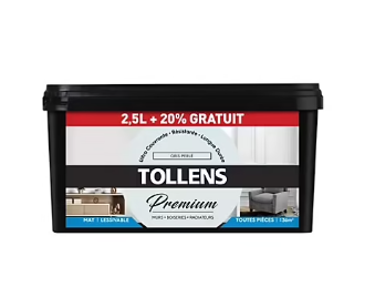Peinture Tollens premium murs, boiseries et radiateurs mat gris perle 2,5L +20% gratuit