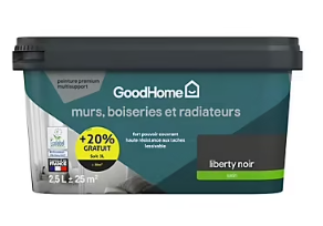 Peinture résistante murs boiseries et métal GoodHome noir Liberty satin 2,5L +20% gratuit