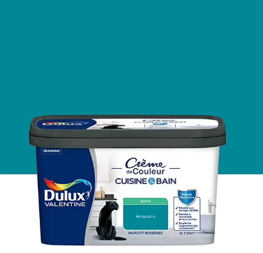 Peinture haute résistance Crème de couleur cuisine et bain Dulux Valentine bleu acapulco satin 2L
