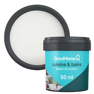 Peinture cuisine et salle de bains GoodHome blanc Alberta satin 50ml