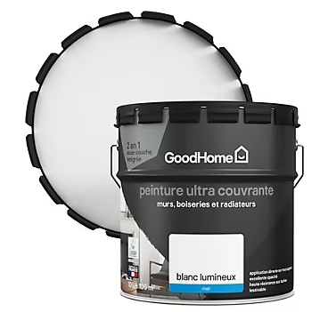 Peinture intérieure ultra couvrante murs, boiseries et radiateurs GoodHome blanc lumineux mat 10L