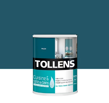 Peinture murs et plafonds Cuisine et bains satin bleu paonTollens 0,75 L