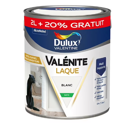 Laque Valénite Dulux Valentine Acrylique blanc satin 2L+20% gratuit