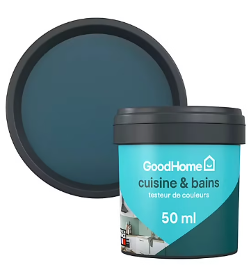 Peinture cuisine et salle de bains GoodHome bleu Antibes satin 50ml