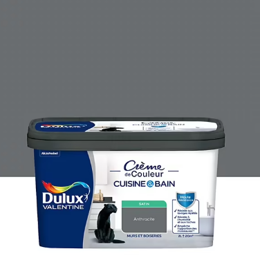 Peinture haute résistance Crème de couleur cuisine et bain Dulux Valentine gris anthracite satin 2L