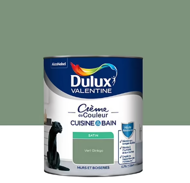 Peinture haute résistance Crème de couleur cuisine et bain Dulux Valentine vert ginkgo satin 0,75L