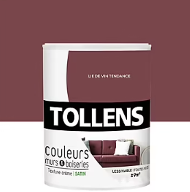 Peinture murs et boiseries Tollens lie de vin tendre satin 0,75L