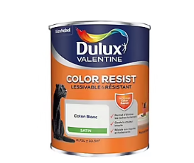Peinture murs et boiseries Color Resist Dulux Valentine satin coton blanc 0,75L