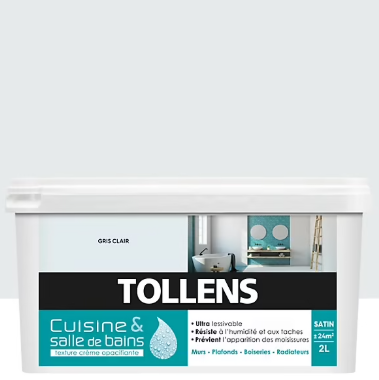 Peinture murs et plafonds Cuisine et bains satin gris clair Tollens 2 L