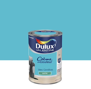 Peinture couleur murs, boiseries et radiateurs Crème de couleur Dulux Valentine bleu caraïbes satin 1,25L