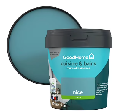 Peinture cuisine et salle de bains GoodHome bleu métallique Nice satin 750ml