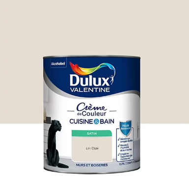Peinture haute résistance Crème de couleur cuisine et bain Dulux Valentine lin clair satin 0,75L