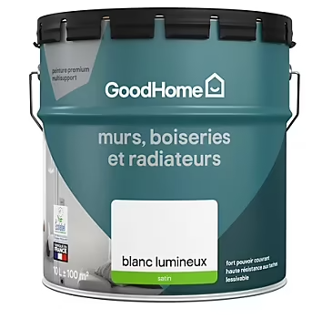 Peinture murs boiseries et métal GoodHome haute résistance blanc satin 10L