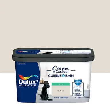 Peinture haute résistance Crème de couleur cuisine et bain Dulux Valentine lin clair satin 2L