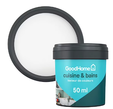 Peinture cuisine et salle de bains GoodHome blanc North Pole satin 50ml