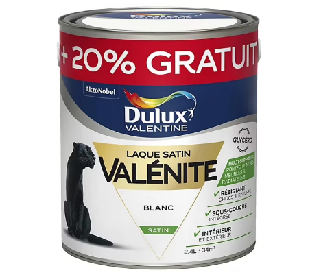 Peinture laque pour boiseries Valénite Dulux Valentine satin blanc 2L +20% gratuit
