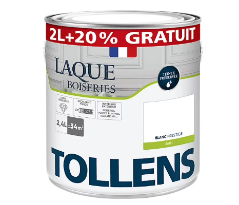 Laque boiseries et métal Tollens blanc prestige satin 2L+20% gratuit