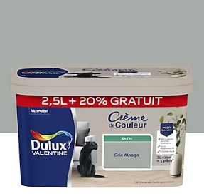 Peinture Crème De Couleur Dulux Valentine satin gris alpaga 2,5L + 20% gratuit