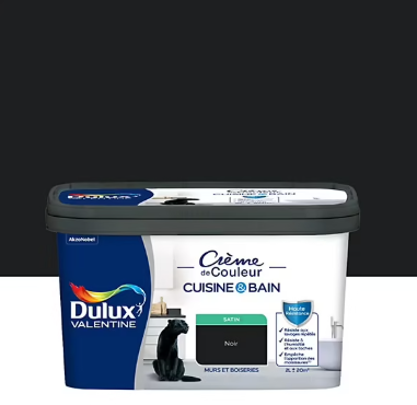 Peinture haute résistance Crème de couleur cuisine et bain Dulux Valentine noir satin 2L