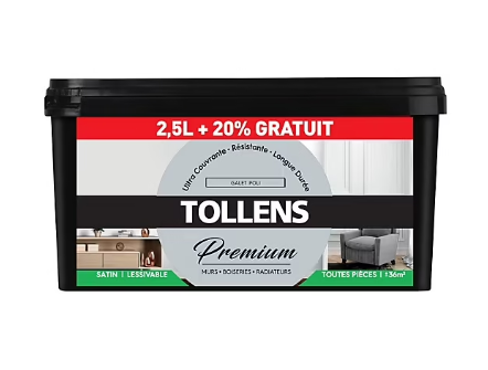 Peinture Tollens premium monocouche murs, plafonds et boiseries Galet Poli 2,5L +20% gratuit