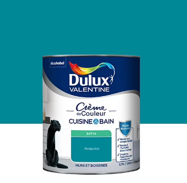 Peinture haute résistance Crème de couleur cuisine et bain Dulux Valentine bleu acapulco satin 0,75L