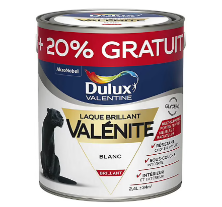 Peinture laque pour boiseries Valénite Dulux Valentine brillant blanc 2L +20% gratuit