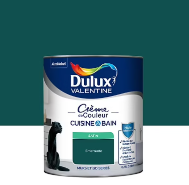 Peinture haute résistance Crème de couleur cuisine et bain Dulux Valentine vert emeraude satin 0,75L