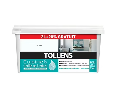 Peinture Cuisine et salle de bains Tollens blanc 2L+20%
