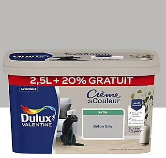 Peinture Crème De Couleur Dulux Valentine satin béton gris 2,5L + 20% gratuit