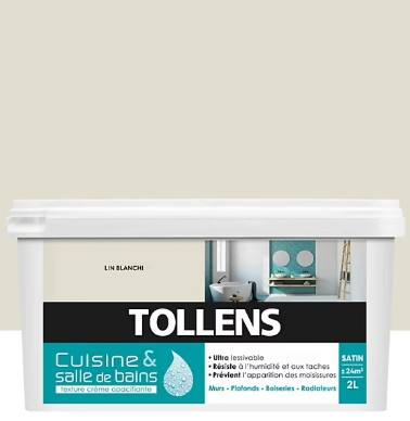 Peinture murs et plafonds Cuisine et bains satin lin blanchi Tollens 2 L