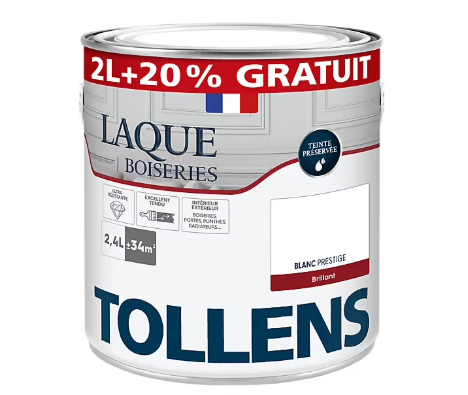 Laque boiseries et métal Tollens blanc prestige brillant 2L+20% gratuit
