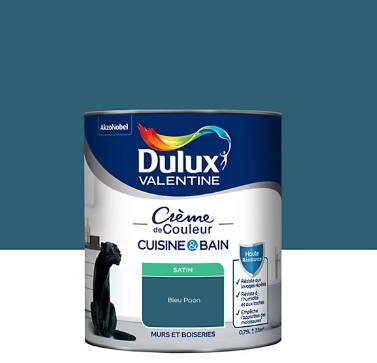 Peinture haute résistance Crème de couleur cuisine et bain Dulux Valentine bleu paon satin 0,75L