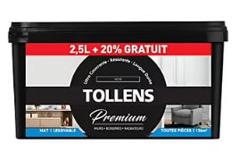 Peinture Tollens premium monocouche murs, plafonds et boiseries noir mat 2,5L +20% gratuit