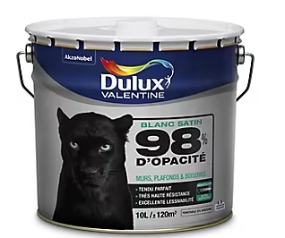 Peinture murs plafonds et boiseries Dulux Valentine 98% monocouche satin blanc 10L