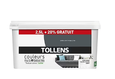 Peinture murs et boiseries Tollens gris anthracite satin 2,5L +20% gratuit