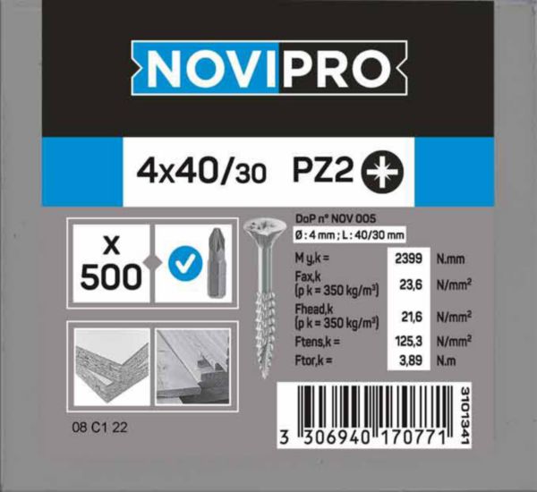 NOVIPRO Screws PZ Countersunk Head Zinc Plated Steel 4*40/30 Box of 500 Pcs