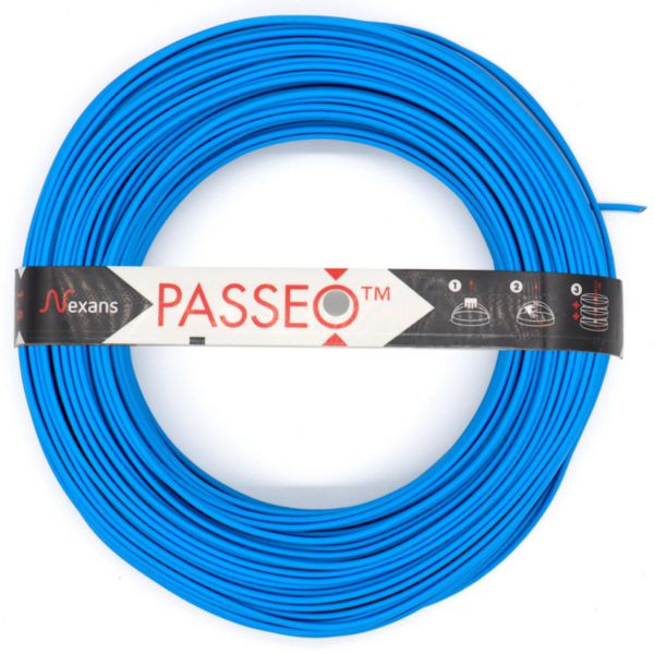 Fil rigide rond en cuivre massif NF H07 VU bleu section 1,5 mm² 750 V couronne de 100 ml