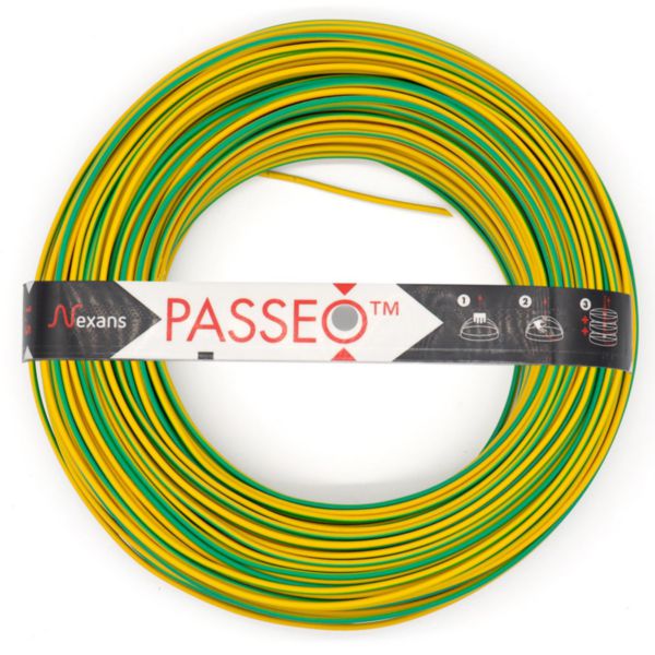 Fil rigide rond en cuivre massif NF H07 VU vert et jaune section 1,5 mm² 750 V couronne de 100 ml