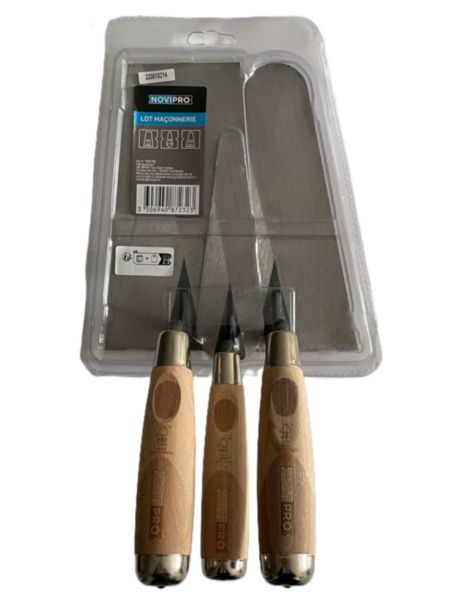 Truelles manche bois - Lot de 3 truelles : ronde de 20 - carrée de 20 - langue de chat de 16