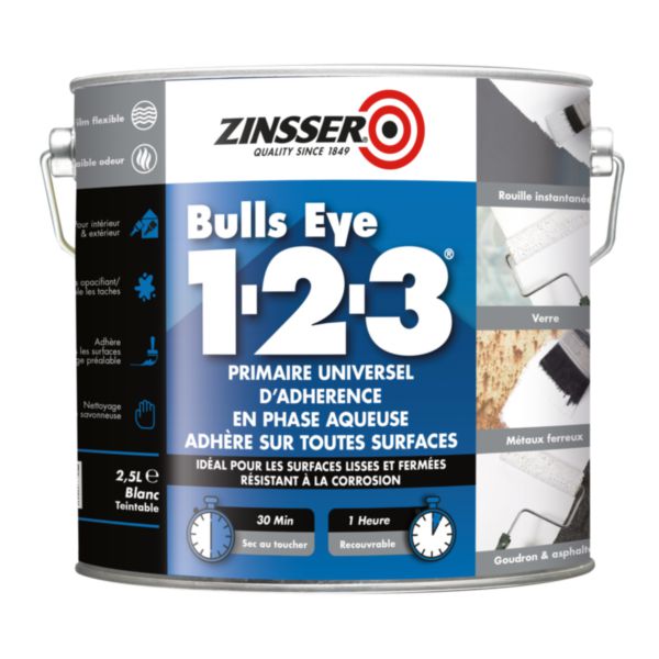 Primaire masquant universel ZINSSER intérieur extérieur 1-2-3 résines 100% acryliques pot de 2,5 L