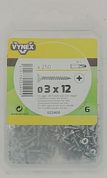 Chipboard wood screws TF POZI imprint 3 x 12 Zinc plated steel - Vybac of 250 pieces
