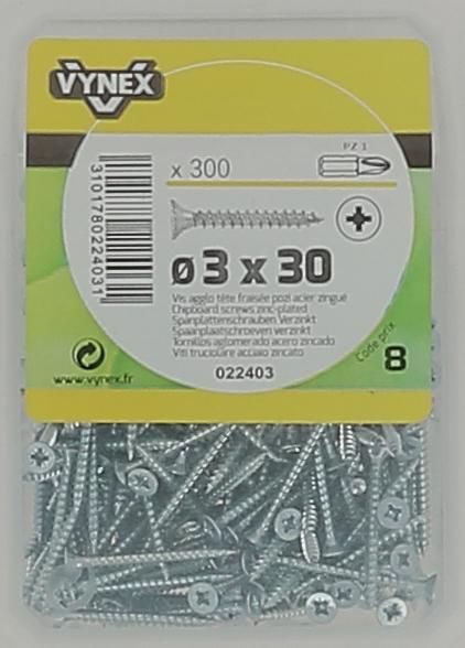 Chipboard wood screws TF POZI imprint 3 x 30 Zinc plated steel - Vybac of 300 pieces