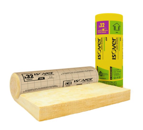 Rolled glass wool panel coated with kraft GR 32 L. 2.7 x W. 1.2 mx th. 100 mm R= 3.15 or 3.24 m²