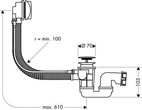 Complete NF set for standard FLEXAPLUS E bathtub ø 70 mm L. pipe 610 mm maximum 